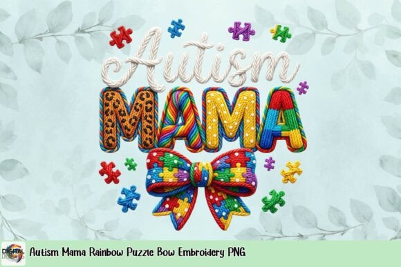 Autism Mama Rainbow Puzzle Bow Embroidery PNG