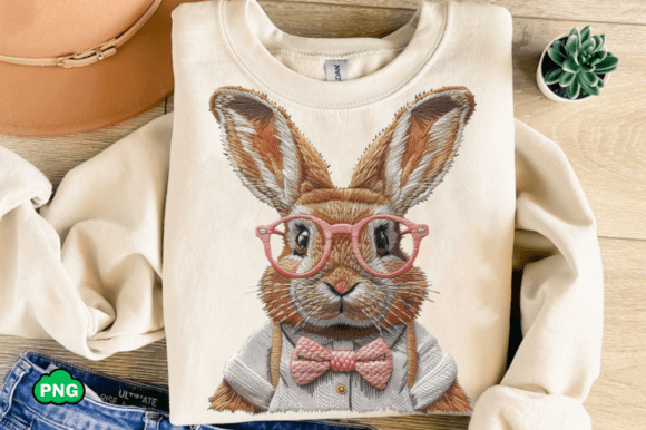 Retro Easter Bunny PNG, Faux Embroidery